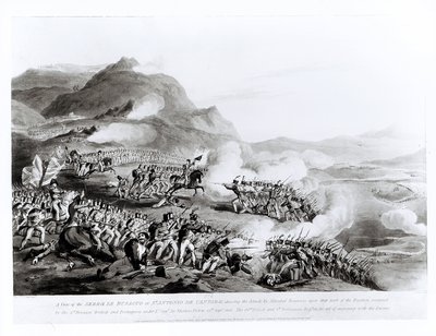 Een uitzicht op de Serra de Busacco bij San Antonio de Cantara met de aanval van maarschalk Reigniers op de Britse en Portugese troepen onder luitenant-generaal Sir Thomas Picton, 27 september 1810 door Thomas Staunton St. Clair